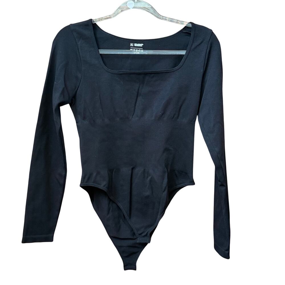 OQQ NEW Black Ribbed Bodysuit Long Sleeve Size XL Square Neck Stretch